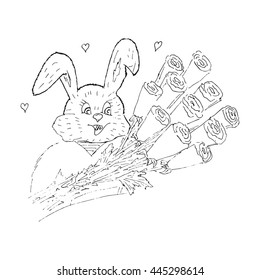 Hand drawn floral illustration. vector sketch image. Rabbit with flowers.