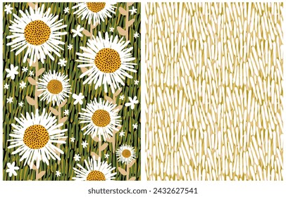 Hand Drawn Floral Irregular Seamless Vector Pattern with White Chamomile Flowers on a Dark Green Background. Trendy Infantile Style Abstract Garden Pattern. Simple Geometric Endless Print. RGB.