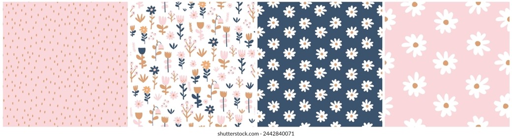 Hand Drawn Floral Irregular Seamless Vector Pattern with White Daisy Flowers on a Pastel Pink and Dark Blue Background. Trendy Infantile Style Abstract Garden Print. White Spots on a Light Pink. RGB.