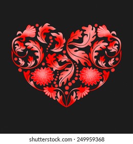 Hand drawn floral items in a shape of heart on black background. 