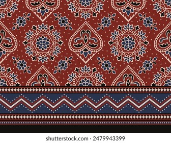 HAND DRAWN FLORAL JAIPUR PRINT SEAMLESS PATTERN WITH SEAMLESS BORDER ALL OVER PRINT VECTOR ILLUSTRATION