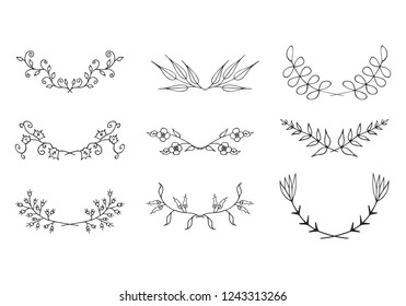 Hand drawn floral laurel borders set. Vector isolated elements. Vintage wedding leaf dividers for invitation card.