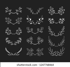 Hand drawn floral laurel borders. Vector isolated elements. Vintage wedding flourish dividers for invitation card.