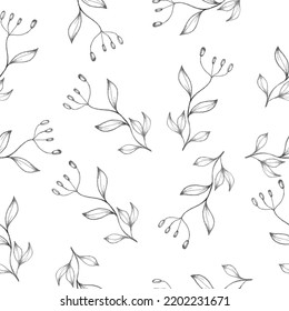 Hand drawn floral leaf seamless vector pattern. Hand drawn ink floral line drawing. Wild flowers minimalist design. Black and white art. Abstract floral illustration