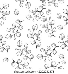 Hand drawn floral leaf seamless vector pattern. Hand drawn ink floral line drawing. Wild flowers minimalist design. Black and white art. Abstract floral illustration