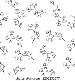 Hand drawn floral leaf seamless vector pattern. Hand drawn ink floral line drawing. Wild flowers minimalist design. Black and white art. Abstract floral illustration