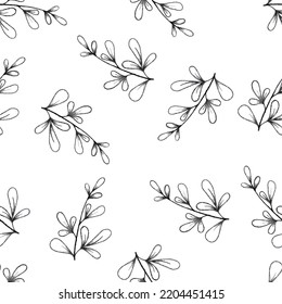 Hand drawn floral leaf seamless vector pattern. Hand drawn ink floral line drawing. Wild flowers minimalist design. Black and white art. Abstract floral illustration