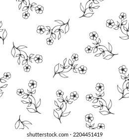 Handgezeichnetes, florales Blatt nahtlose Vektormuster. Handgezeichnete farbige Linienzeichnung. Wildblumen minimalistisches Design. Schwarz-Weiß-Kunst. Abstrakte Blumengrafik