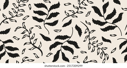 Hand drawn floral leaf seamless pattern, silhouette of fallen leaves. Design for textile, fabric, wallpaper, covers, cards, wall art, posters and decoration.