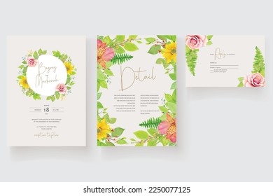 hand drawn floral and leaves background and border wreath invitation card design