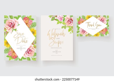 hand drawn floral and leaves background and border wreath invitation card design