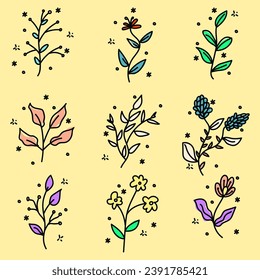 Hand drawn floral and leaves elements made in vector. For wedding design, logo and greeting card. Set of floral elements. Wreath illustration made of flowers.Floral doodles wreath.