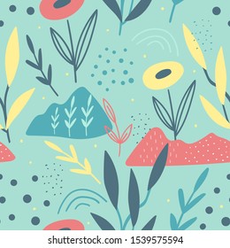 Hand drawn floral and leaves seamless pattern for print, fabric, textile. Kids decoration background.