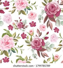 Hand drawn floral and leaves seamless pattern design