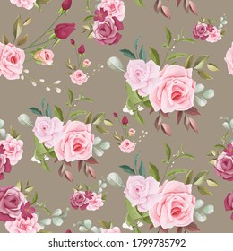 Hand drawn floral and leaves seamless pattern design