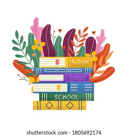 Hand drawn  floral leaves and stack of books for  Book club inscription. invitation and greeting card, promo , prints, flyer, cover, and posters. Vector vintage illustration