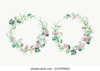hand drawn floral and leaves wreath  set