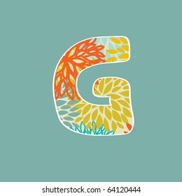 Hand drawn floral letter isolated on blue background. Vintage vector alphabet