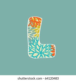 Hand drawn floral letter isolated on blue background. Vintage vector alphabet