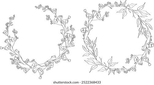 Hand drawn floral line art oval frame wreath. Perfect for wedding invitations, greeting cards and decorations. Delicate flowers and twigs.