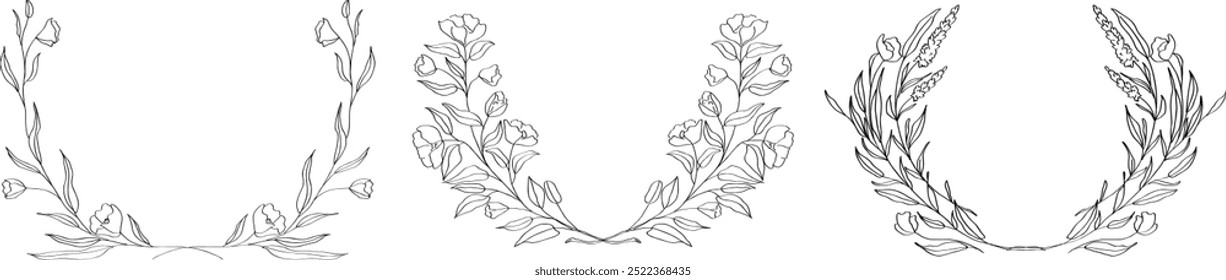 Hand drawn floral line art oval frame wreath. Perfect for wedding invitations, greeting cards and decorations. Delicate flowers and twigs.