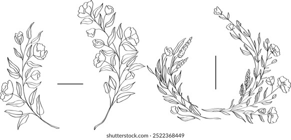 Hand drawn floral line art oval frame wreath. Perfect for wedding invitations, greeting cards and decorations. Delicate flowers and twigs.