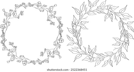 Hand drawn floral line art oval frame wreath. Perfect for wedding invitations, greeting cards and decorations. Delicate flowers and twigs.