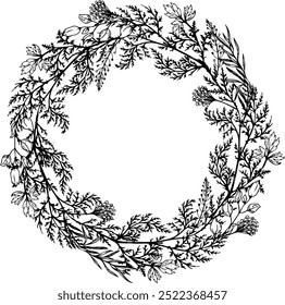 Hand drawn floral line art oval frame wreath. Perfect for wedding invitations, greeting cards and decorations. Delicate flowers and twigs.