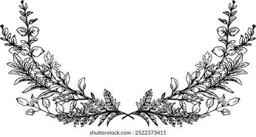 Hand drawn floral line art wreath. Perfect for wedding invitations, greeting cards and decorations. Delicate vector frames with flowers, branch and leaves. 