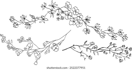 Ramos de arte de linha floral desenhados à mão. Perfeito para convites de casamento, cartões de felicitações e decorações. Elementos vetoriais elegantes com flores e folhas. 