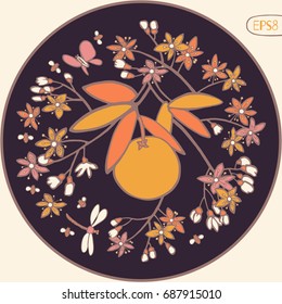 hand drawn floral logo. cute round emblem. Vector illustration with flowers, leaves,  oranges, bees, butterflies, dragonflies