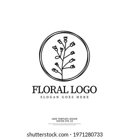 Hand drawn floral logo design template isolated on white background