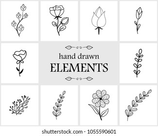 Hand drawn floral logo elements and icons. Hand drawn decorative vector flower design. Cute items for your branding. This collection for creating logos, business cards, postcards, wedding invitations