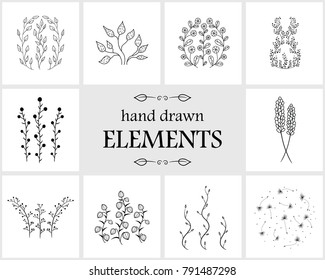 Hand drawn floral logo elements and icons. Hand drawn decorative vector flower design for your branding. This collection can be used for creating logos, business cards, postcards, wedding invitations