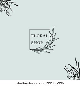 Hand drawn floral logo for hotel, boutique, cafe, shop, blog, photography artist, organic shop. Hand drawn feminine flower logo design. Premade Minimalist Floral Logo. Bay leaf illustration. 