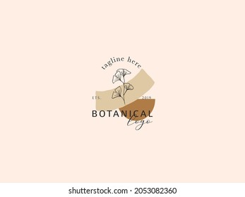 Hand Drawn Floral Logo. Line art Modern Logo Botanical Template with Boho shapes for Florist, Photographer, Fashion Blogger, Boutique, Interior Design. Luxury Branding Identity. Floral minimal logo