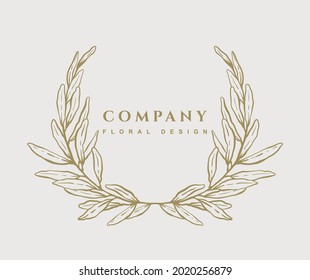 Hand drawn floral logo template. Elegant plant wreath frame with branch of olive in gold color.  Botanical trendy vector illustration for labels, 
branding business identity, wedding invitation