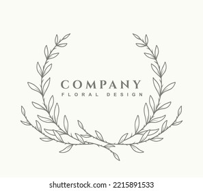 Hand drawn floral logo template. Elegant plant wreath, frame with branch and lieves. Botanical trendy vector illustration for labels, branding business identity, wedding invitation