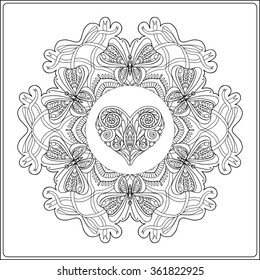 Hand drawn floral mandala with butterflies and decorative Love Heart for Valentine's day. Vector illustration.Coloring book for adult and older children. Coloring page. Outline drawing.