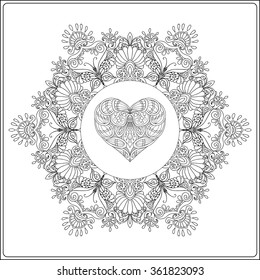 Hand drawn floral mandala with butterflies and decorative Love Heart for Valentine's day. Vector illustration.Coloring book for adult and older children. Coloring page. Outline drawing.