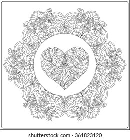 Hand drawn floral mandala with butterflies and decorative Love Heart for Valentine"s day. Vector illustration.Coloring book for adult and older children. Coloring page. Outline drawing.