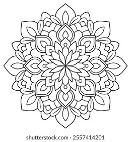 Hand drawn floral mandala, circular shape. drawing of botanical, natural theme. coloring book page, decoration, tattoo, wallpaper, sticker.