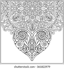 Hand drawn floral mandala  and decorative Love Heart for Valentine's day. Vector illustration.Coloring book for adult and older children. Coloring page. Outline drawing.