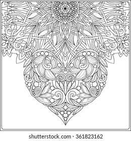 Hand drawn floral mandala  and decorative Love Heart for Valentine's day. Vector illustration.Coloring book for adult and older children. Coloring page. Outline drawing.