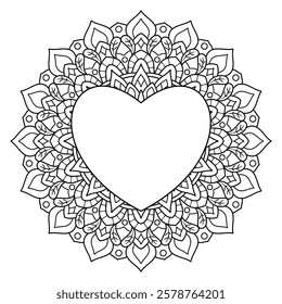 Hand drawn floral mandala design with heart shape, botanical theme. for coloring book page, decoration, card, illustration, wallpaper, sticker, tattoo.