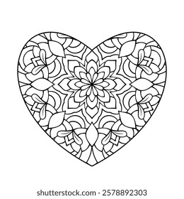 Hand drawn floral mandala design with heart shape, botanical theme. for coloring book page, decoration, card, illustration, wallpaper, sticker, tattoo.