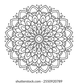 Hand drawn floral mandala, round shape, drawing of botanical, natural theme. coloring book page, decoration, tattoo, wallpaper, sticker.