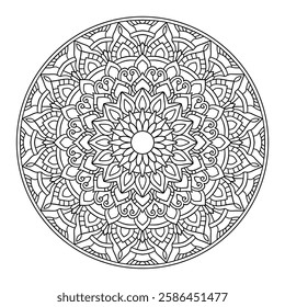 Hand drawn floral mandala. round shape drawing of botanical, natural theme. coloring book page, decoration, tattoo, wallpaper, sticker.