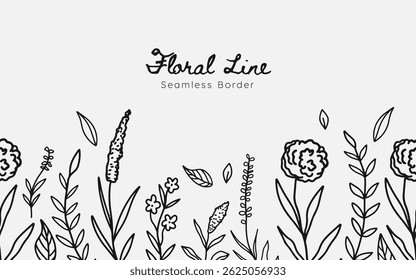 Hand drawn floral meadow seamless border