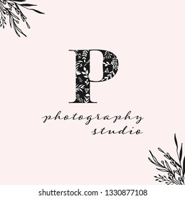 Hand drawn floral monogram logo. Flower letter design for hotel logo, boutique, photography studio, make up artist logo. Hand drawn logo. 